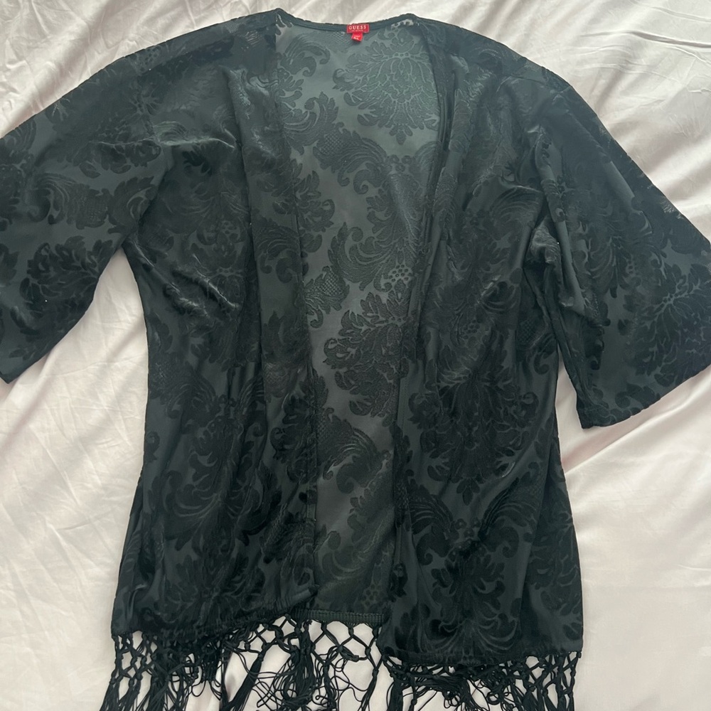 Guess Black Sheer Kimono with Fringe